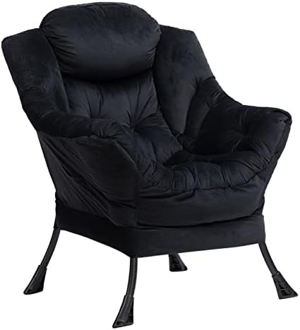HollyHOME Modern Fabric Large Lazy Chair, Accent Comfy Upholstered Lounge Chair, Thick Padded Back Reading Chair with Armrest, Single Leisure Sofa Chair for Bedroom, Living Room, Dorm, Black