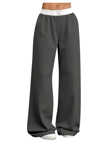 Image of RoseSeek Girl's Baggy Sweatpants Letter Patched Wide Leg Pants Elastic Waist Long Trousers Joggers Trendy