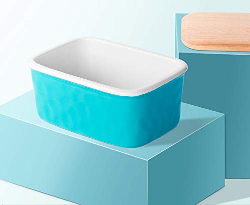 Krokori Large Butter Dish, Stoneware Ceramic Butter Dish Butter Container Margarine Dish Covered Butter Keeper with Wooden Lid Food Storage Box for Daily Use (5.5x3.6x2.6 inches, Aquamarine)