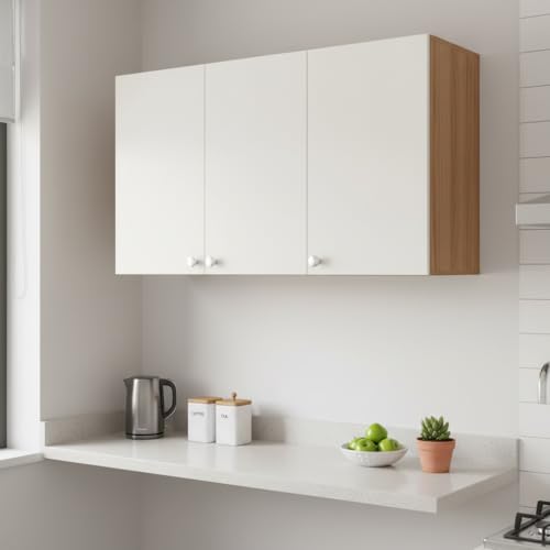 Image of FURNEASER Wall Mounted Kitchen Cabinet, Exotic Teak & White 2 | Engineered Wood, Doors & Open Shelves, Wall Storage, Modern Wall Organizer Cupboard