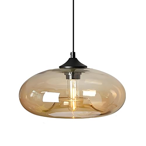 HJXDtech Einflammige Pendelleuchte mit Bunt Glas Lampenschirm, Vintage-Industriedesign, E27 Dekorative Hängelampe für Kücheninsel, Esstische, Esszimmer und Wohnzimmer (Bernstein)