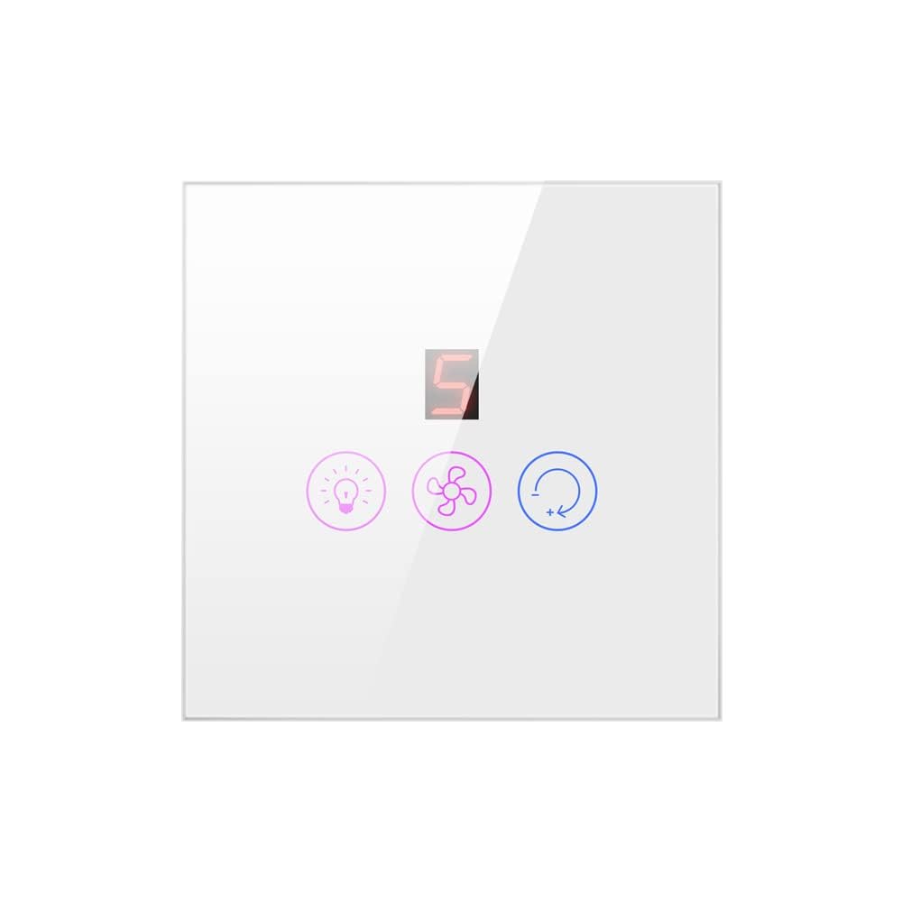 Smart WiFi Touch Screen Fan Light Switch - Voice Control via Alexa & Google Home, Mobile App Remote Access, Tempered Glass Panel, Power Memory, Waterproof Design (White)