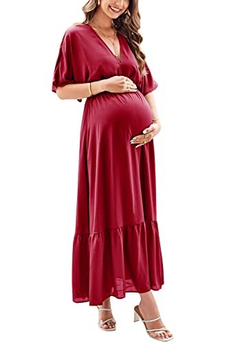 Styleword Women's 2023 Summer Maxi Maternity Dress V Neck Photoshoot Baby Shower Flowy Casual Long Dresses Pregnancy(Wine-L) #TOP14