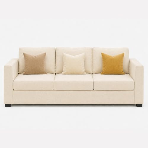 Image of FURNY Revona 5 Seater L Shape Sofa Set with 2 Movable Ottoman | Flexible Left or Right Layout | Plush Velvet Fabric (Cream) | Perfect for Living Room, Guest Room & Office