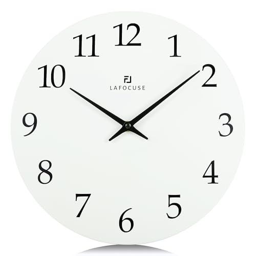 Lafocuse 30cm Horloge Murale Blanc Bois Silencieuse, Design Moderne Pendule Murale Facile à Lire, sans Tic Tac Décoration pour Salon Cuisine Chambre Bureau