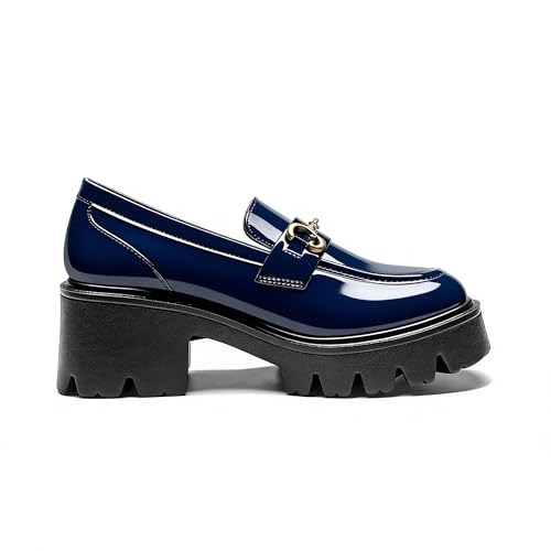 Image of Black Platform Loafers for Women - Women's Slip-On Leather Loafers, Chunky Comfort Shoes for Work & Dressy Occasions