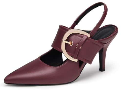 Image of Coutgo Womens Slingback Pumps Closed Pointed Toe High Heels Belt Buckle Strap Dressy Work Shoes