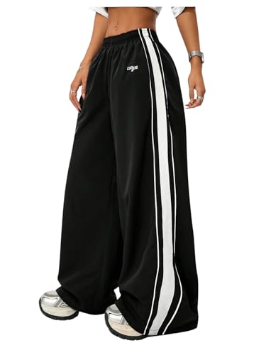 Floerns Women's Elastic Waist Side Striped Track Pants Baggy Wide Leg Hip Hop Pants
