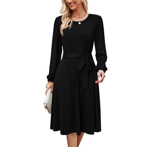 Newshows Womens 2024 Fall Long Sleeve Dress Casual Crewneck Belted A Line Flowy Midi Business Work Teacher Dresses