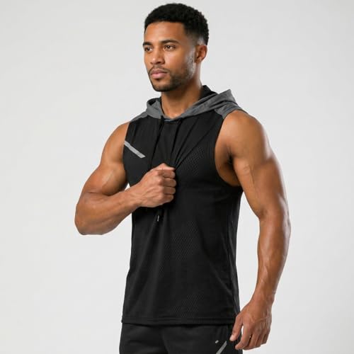 Image of Mens Sleeveless Workout Hoodie Shirts Cut Off Hooded Athletic Gym Tank Tops for Men T55N