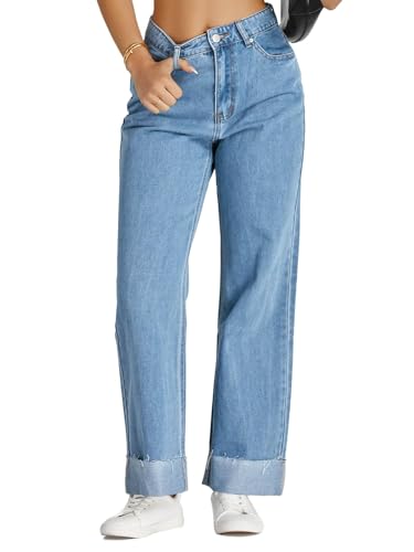 Cicy Bell Womens High Waisted Boyfriend Jeans Cuffed Raw Straight Leg Baggy Denim Pants with Pockets