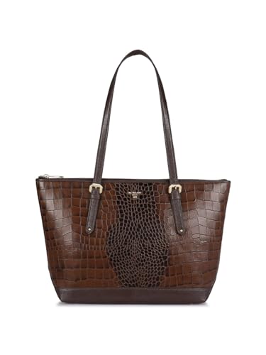 Image of Da Milano Leather Tote Bag for Women - Genuine Brown Handbag with Dual Texture, Zipper Closure & Everyday Elegance