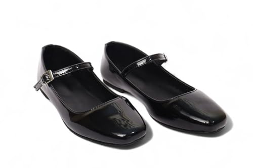 OG حذاء باليرينا مسطح ماري جين من الجلد اللامع بمقدمة مربعة مع حزام قابل للتعديل - مريح للاستخدام اليومي بلون اسود لامع مقاس 38