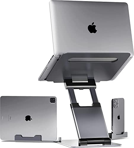 Image of ARTIKEL Wergo+ Laptop Stand with Phone Holders | Height Adjustable Sit to Stand Riser for Desk | Standing Desk Convertor | Ergonomic Foldable & Portable | Universally Compatible | Space Gray