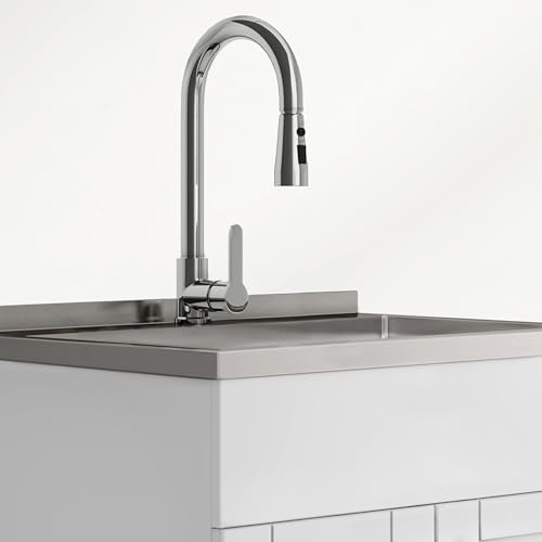 Image of SIMPLIHOME Modern Wide Shaker All-in-One 28 inch Wide Utility Sink and Laundry Cabinet in Glacier White Finish, Transitional Stainless Steel Sink Cabinet for Laundry Rooms with High-Arch Chrome Faucet