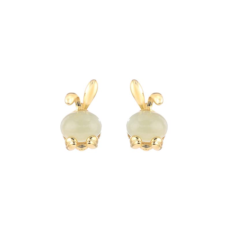 14K Gold Jade Rabbit Stud Earrings, Natural Jade Stud Earrings, Birthday Gift for Wife, Girlfriend, Daughter