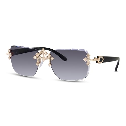 Image of Iced-Out Triple Cross Sunglasses - Frameless Diamond-Cut Luxury Shades for Men & Women | UV400 Hip-Hop Eyewear