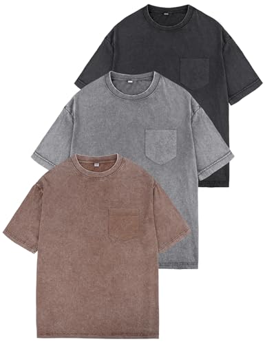 Arssm Men Oversized T-Shirts Pocket Short Sleeve Acid Washed Heavy Cotton Vintage Tops Loose Fit Casual Basic Unisex Tee