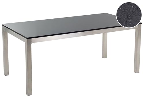 Beliani Mesa de Comedor de jardín con Tablero de Granito Negro y Plateado Patas de Acero para 6 Personas 180 x 90 x 74 cm Grosseto