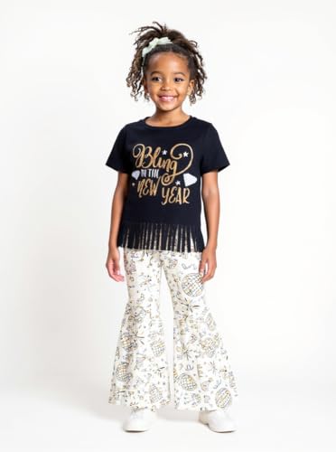 Image of Unique Baby 2 Piece Girls Bell Bottom Leggings Outfit with Short Sleeved Shirt Kid and Toddler Clothes Set