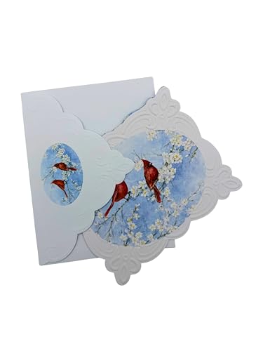 Image of Poster Foundry Set of 3 - Red Cardinals on blue Boxed Note Cards by Carol Wilson. 10 embossed 4x5 Die-Cut Notecards and Matching Envelopes in Decorative Gift Box with Magnetic Flap. NCP2700