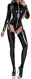 Adigau Body Femme Cuir Fermeture Éclair Tenue Sexy Ensemble Bas Porte Jarretelle Lingerie Catsuit Club Disco Party Latex Combinaison Cosplay Carnaval Halloween Noir M