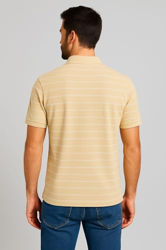 Image of WILD ELEPHANT Men Striped Polo T-Shirt | Cotton Short Sleeve Polo Neck with Button | Chest Pocket Casual Wear