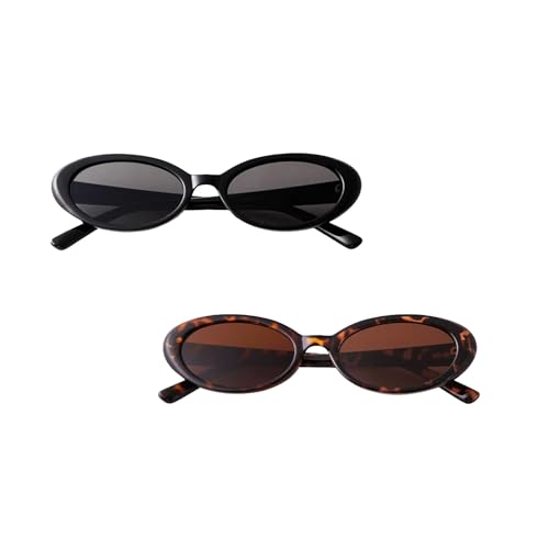 Werownsgso 2 gafas de sol vintage ovaladas, gafas de sol retro de los 90, gafas de sol vintage ojo de gato, gafas de sol negras y marrones, gafas de sol finas de moda para mujer, regalos de viaje,