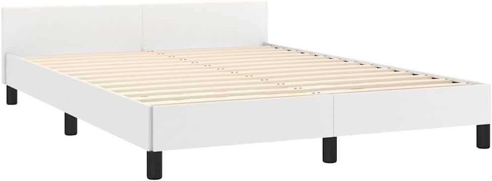 Bed Frame Full White Faux Leather Platform with Headboard, Durable Sturdy Slatted Foundation, No Box Spring Needed, Modern Minimalist Bedroom Furniture for Mattress Support
