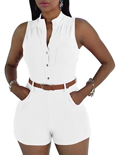 XXTAXN Women's Sexy V Neck Rompers One Piece Short Jumpsuit with Belt and Pockets White