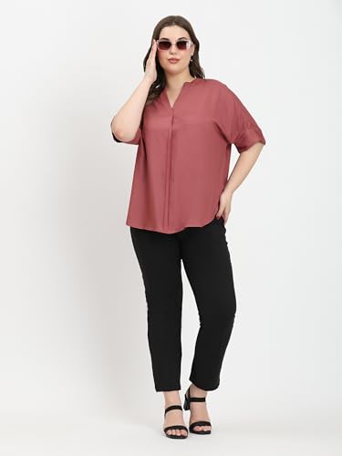 Image of SINDOORI Relaxed Fit Tops for Women Plus Size Solid Printed Mandarin Collar, Band Collar, V-Neck Top, Half Sleeve Loose Fit