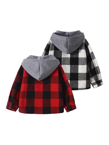 2 PC Boys Flannel Plaid Shirt Button Down Plaid Shirts Hooded Top Fall Coats 4-12Y2