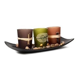 Dawhud Direct Decorative Votive Candle Holders, Vintage Decor Flameless Candlescape Set, 3 LED Tea Light Candles, Rocks aund Tray (Earth Tones)