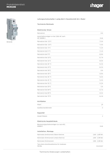 Hager MCN106 Circuit Breaker