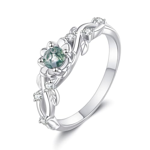 Lotus Ring 925 Sterling Silver Moss Agate Unique Leaf Shaped Ring For Women Lotus Promise Ring Jewelry Gifts