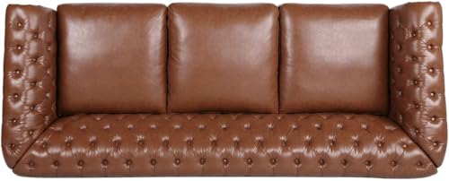 Image of Modern and Stylish 3 Seater Chesterfield Luxury Sofa with Valvet and Fabric Comfortable Sofa for Living Room, Dining Room, Hallway, and Office-(Brown).