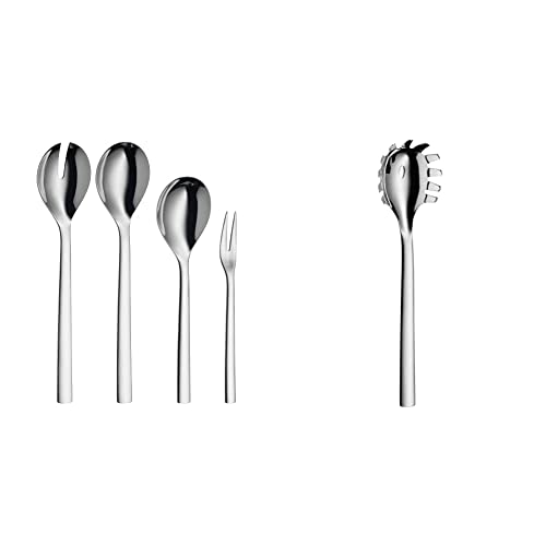 WMF Nuova Servierteile Set 4-teilig, Salatbesteck, Servierlöffel, Serviergabel, Cromargan Edelstahl, spülmaschinengeeignet & Nuova Nudellöffel 30 cm, Spaghettilöffel, Nudelkelle, Cromargan Edelstahl