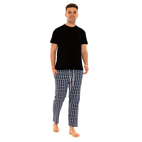Pijama tejido para hombre, 100% algodón, conjunto de pijama de manga corta, camiseta de lujo, pantalones de cuadros suaves, conjunto de ropa de dormir de 2 piezas, azul, XL