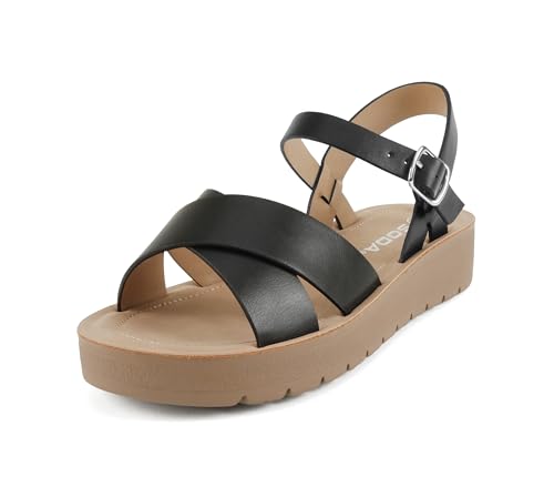 Image of Soda CHESTER ~ Women Flat Sandals Flatform Ankle Buckle Criss Cross Band Straps Sandals Shoes (Gold Raffia, 5.5)
