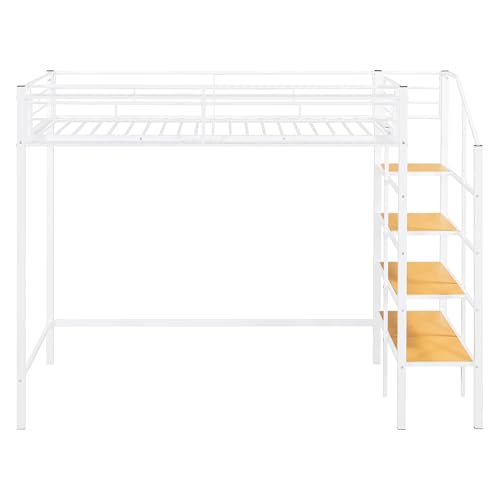 Image of Bellemave Twin loft Bed with Storage Stairs and Upper Grid Storage Shelf, Metal Twin Loft Bed Frame for Adults, Kids, Teens, White