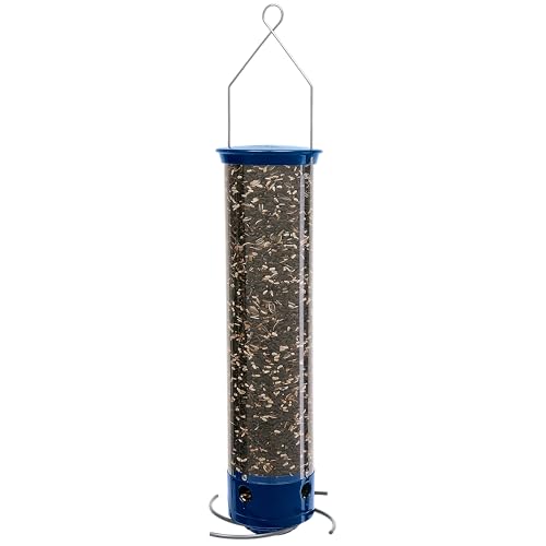 Droll Yankees Whipper Squirrel-Proof Bird Feeder for Outdoors - 5lb Seed Capacity Weight-Activated Collapsible Perches Heavy-Duty Metal Construction Powder-Coated Blue Tube Feeder YCPW-180-M