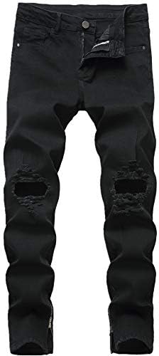 Men's Skinny Fit Ripped Distressed Stretch Destroyed Washed Ankle Zipper Denim Jeans,Black,32