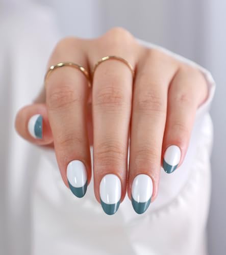 Transformative Teal French Tip Press on White Nails - GJZEZ Soft Gel Turquoise Glue on Nails Two-Tone Contrast Nails