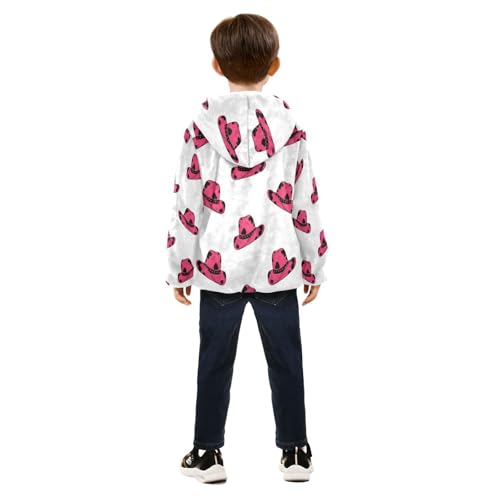 Pink Cowboy Hats Repeated Toddler Fleece Jacket Girl Boys Hooded Fleece Jacket Coat Warm Outwear Zip-up 3-10T4