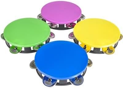 5.5" Neon Tambourines Set of 4, Colorful Party Favors, Party Instruments, Noisemaker Birthday Party Supplies, for Mexican Fiesta, Pool Parties, Tambourines for Church, for Kids and Adults