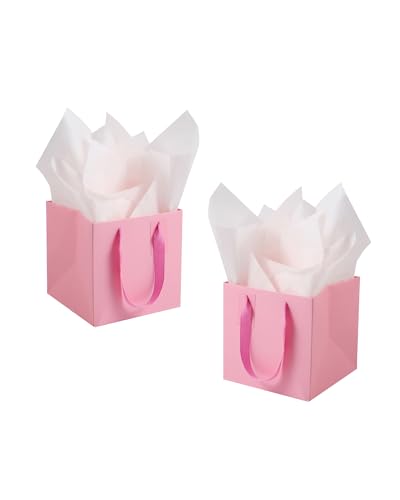 Sacs cadeaux carrés papier de soie rose emballage petit format 15x15 avec poignée lot de 10