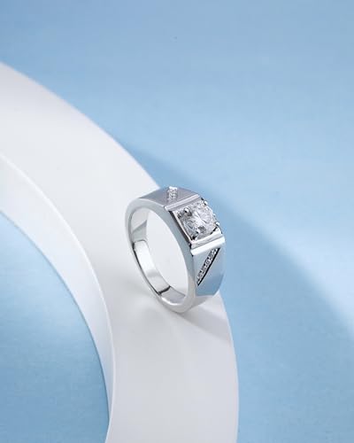 Moissanite Rings for Men 1 Carats 6.5mm Solitaire Diamond Wedding Sterling Silver with 18K White Gold Plated D Color VVS1 Clarity Brilliant Round Cut Moissanite Wedding Engagement Anniversary3