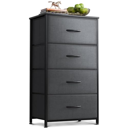 Image of AODK Dresser for Bedroom with 4 Storage Drawers, Small Dressers Chest of Drawers Fabric Dressers with Sturdy Steel Frame, Dresser for Closet with Wood Top, Dark Grey