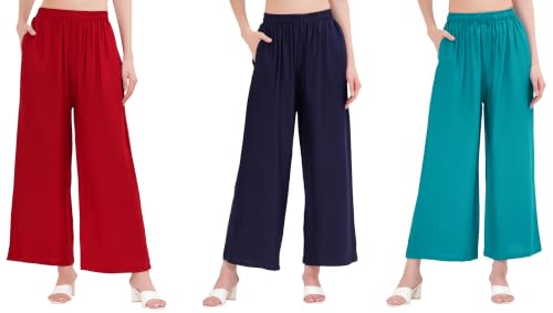 Image of Buy That Trendz Palazzo Pants for Women Rayon Elasticated Regular Fit Flared Wide Leg M to 6XL Pack of 3