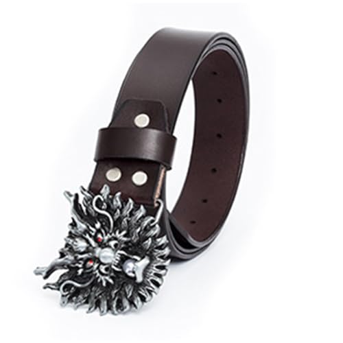 Men's Casual Jeans Handmade Leather Belt 38mm Strap With Engraved Dragon Head Bead Spit Silver Buckle2